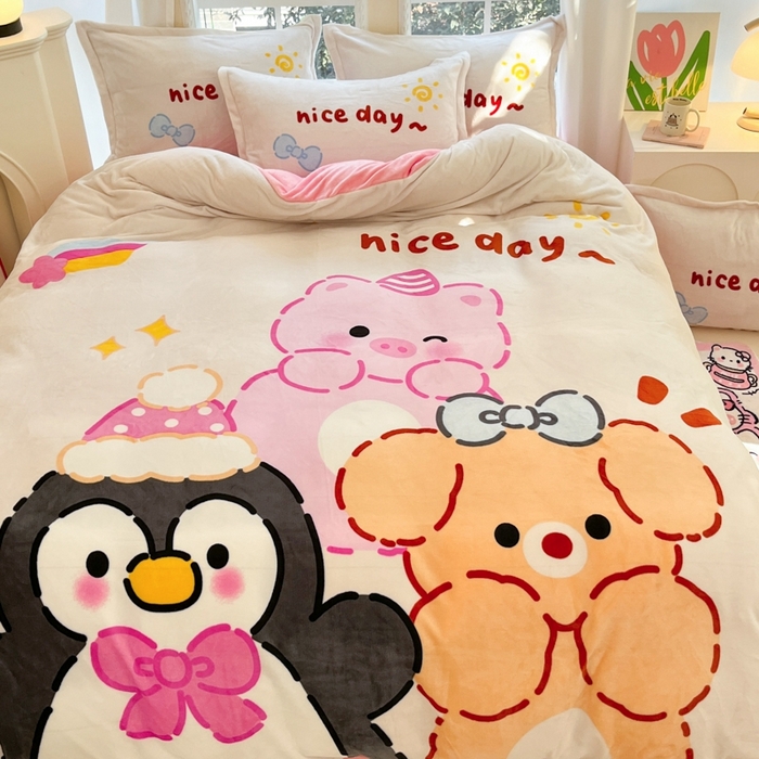 91家纺网 家纺一手货源 找家纺 喜梦缘 2025年新款大版小版卡通牛奶绒四件套 快乐猪仔