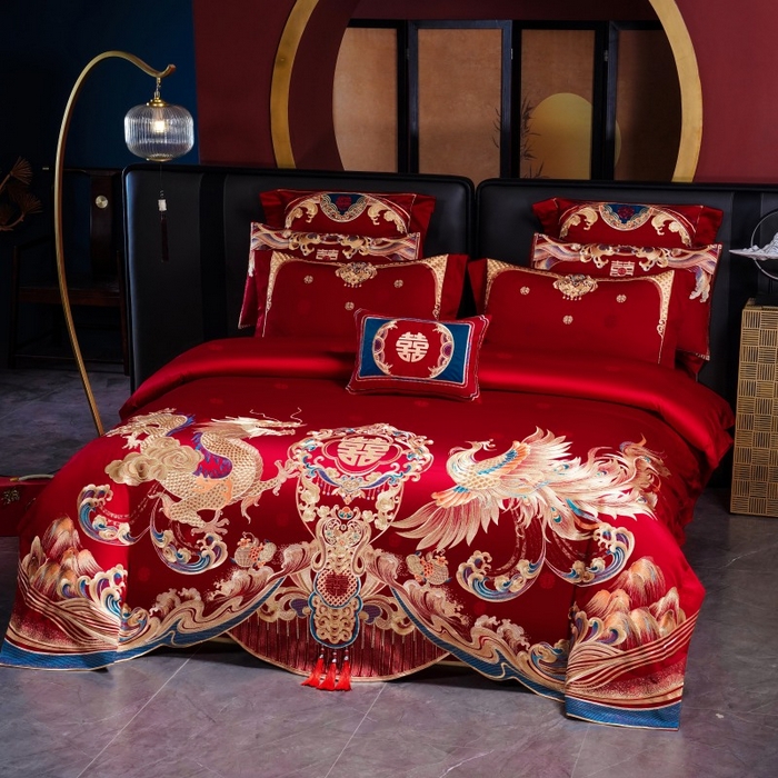 91家纺网 家纺一手货源 找家纺 用心 2025新款长绒棉刺绣新中式婚庆多件套系列 龙凤情缘