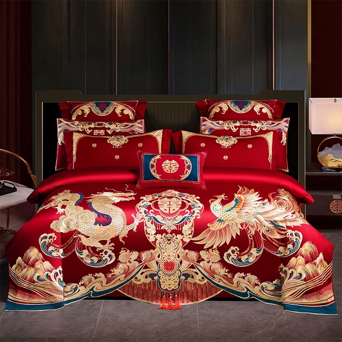 91家纺网 家纺一手货源 找家纺 用心 2025新款长绒棉刺绣新中式婚庆多件套系列 龙凤情缘