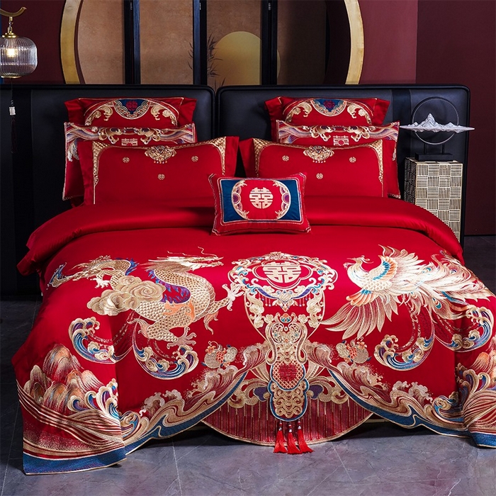 91家纺网 家纺一手货源 找家纺 用心 2025新款长绒棉刺绣新中式婚庆多件套系列 龙凤情缘