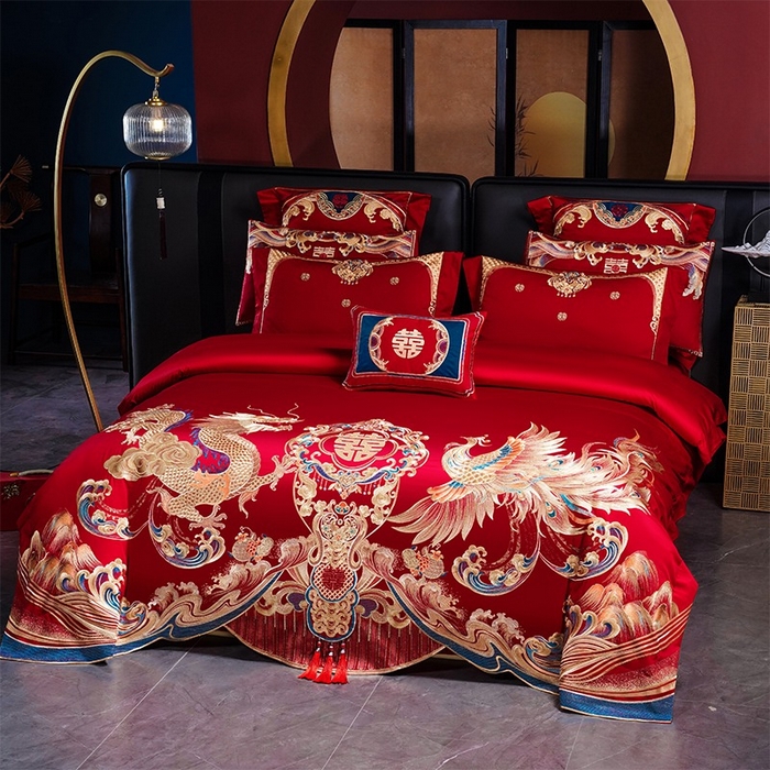 91家纺网 家纺一手货源 找家纺 用心 2025新款长绒棉刺绣新中式婚庆多件套系列 龙凤情缘