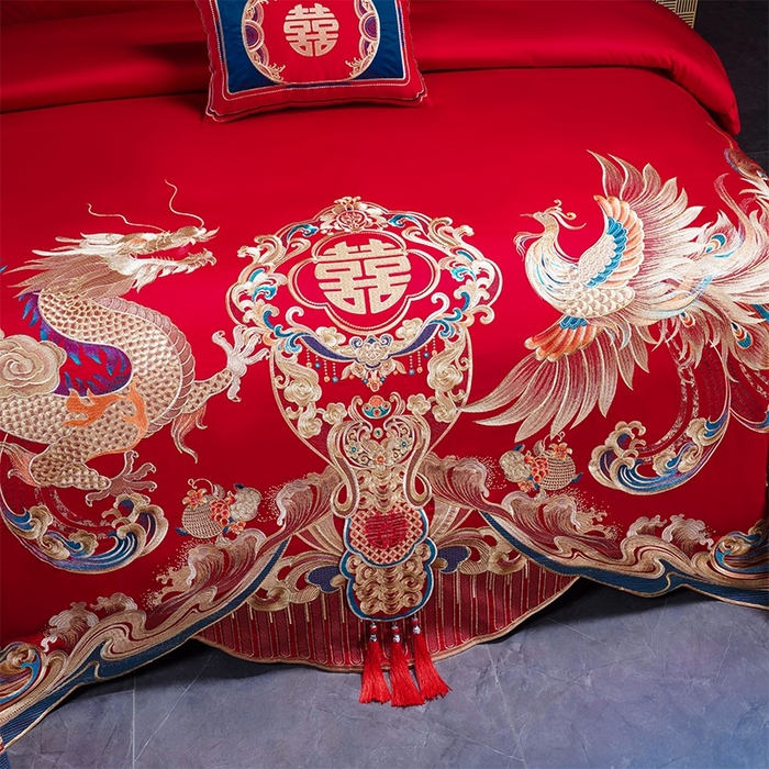 91家纺网 家纺一手货源 找家纺 用心 2025新款长绒棉刺绣新中式婚庆多件套系列 龙凤情缘