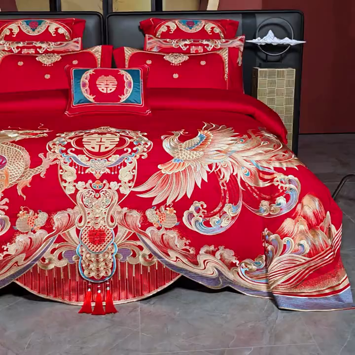 91家纺网 家纺一手货源 找家纺 用心 2025新款长绒棉刺绣新中式婚庆多件套系列 龙凤情缘
