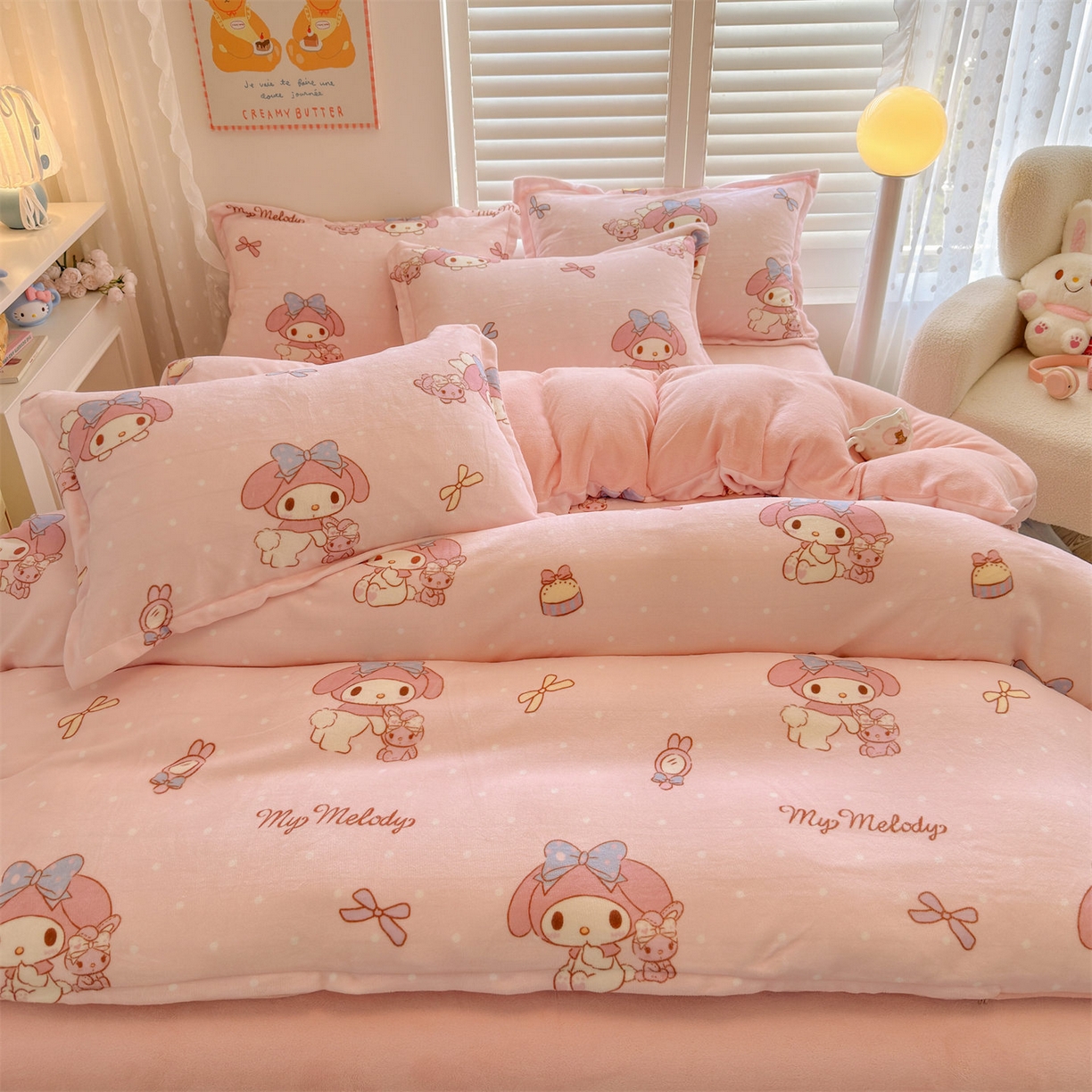 91家纺网 家纺一手货源 找家纺 名兮家居 2025新款经典奥特曼-三丽鸥高克重牛奶绒四件套 点点美乐蒂