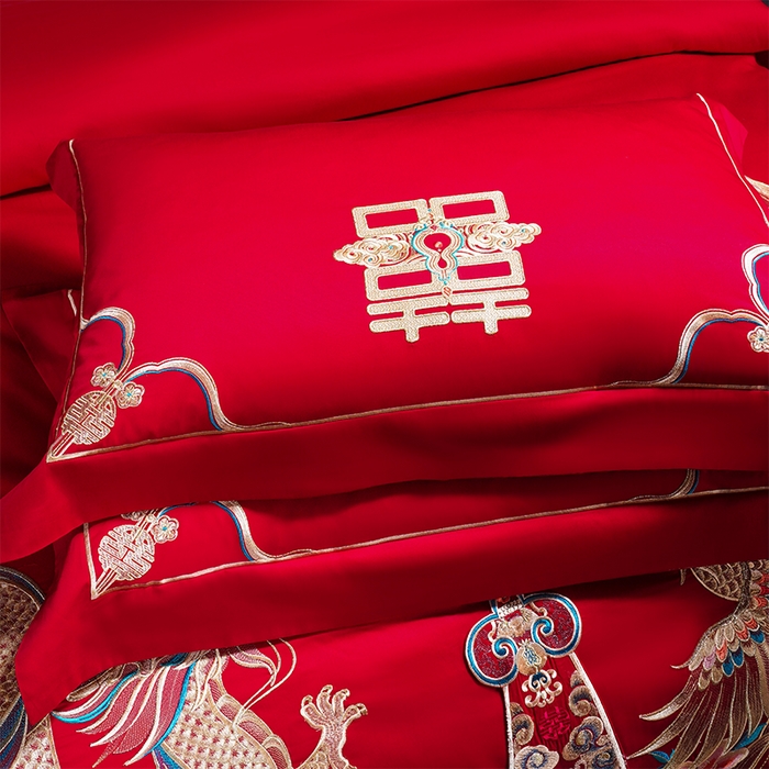 91家纺网 家纺一手货源 找家纺 用心 2025新款长绒棉刺绣新中式婚庆多件套系列 龙翔风喜