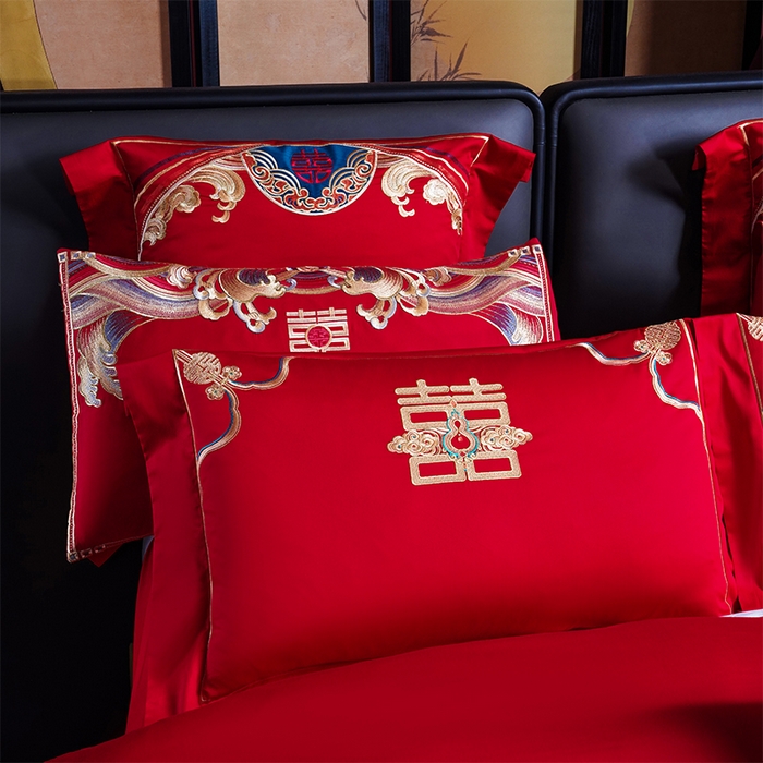 91家纺网 家纺一手货源 找家纺 用心 2025新款长绒棉刺绣新中式婚庆多件套系列 龙翔风喜