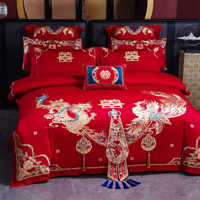 91家纺网 家纺一手货源 找家纺 用心 2025新款长绒棉刺绣新中式婚庆多件套系列 龙翔风喜