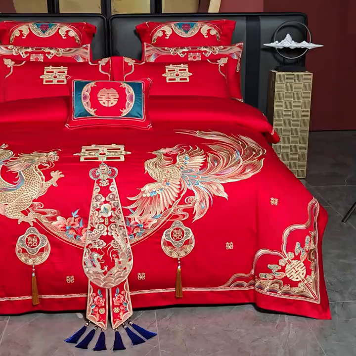 91家纺网 家纺一手货源 找家纺 用心 2025新款长绒棉刺绣新中式婚庆多件套系列 龙翔风喜