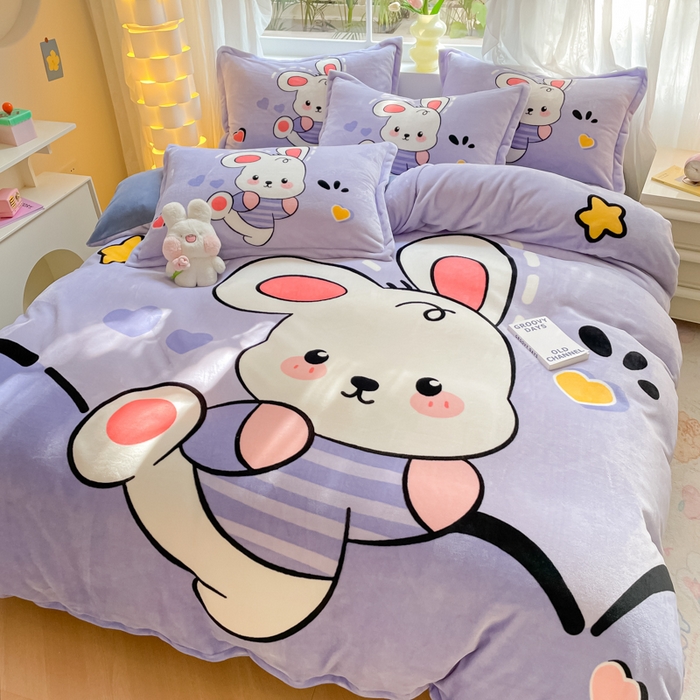 91家纺网 家纺一手货源 找家纺 喜梦缘 2025年新款大版小版卡通牛奶绒四件套 萌萌兔