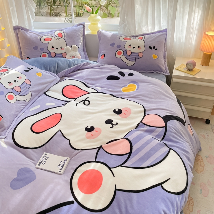 91家纺网 家纺一手货源 找家纺 喜梦缘 2025年新款大版小版卡通牛奶绒四件套 萌萌兔