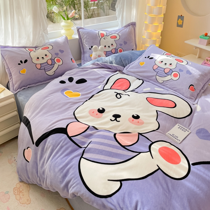 91家纺网 家纺一手货源 找家纺 喜梦缘 2025年新款大版小版卡通牛奶绒四件套 萌萌兔