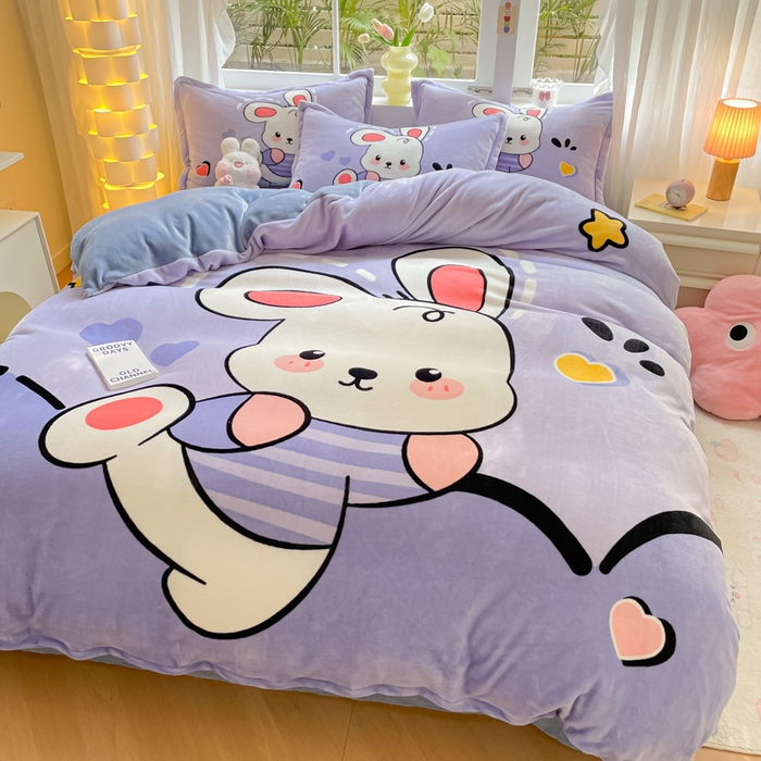 91家纺网 家纺一手货源 找家纺 喜梦缘 2025年新款大版小版卡通牛奶绒四件套 萌萌兔