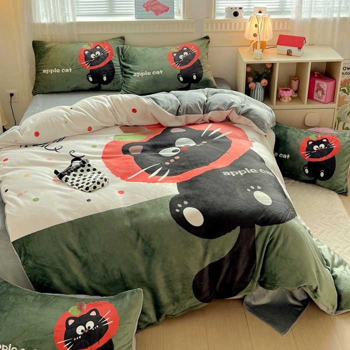 91家纺网 家纺一手货源 找家纺 喜梦缘 2025年新款大版小版卡通牛奶绒四件套 喵咪