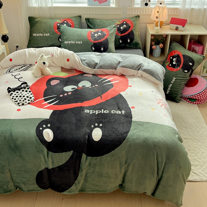 91家纺网 家纺一手货源 找家纺 喜梦缘 2025年新款大版小版卡通牛奶绒四件套 喵咪