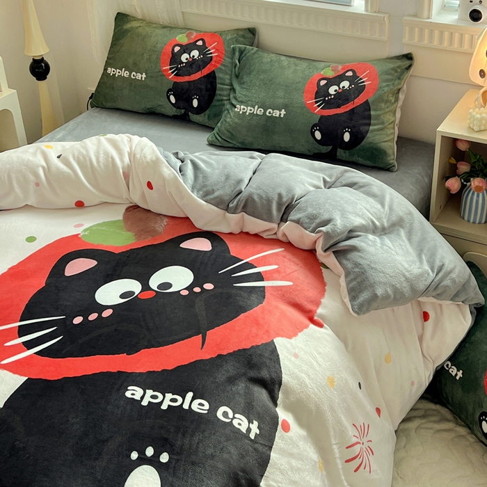 91家纺网 家纺一手货源 找家纺 喜梦缘 2025年新款大版小版卡通牛奶绒四件套 喵咪