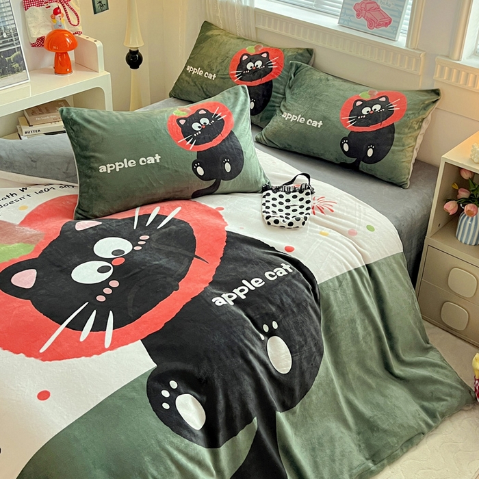 91家纺网 家纺一手货源 找家纺 喜梦缘 2025年新款大版小版卡通牛奶绒四件套 喵咪