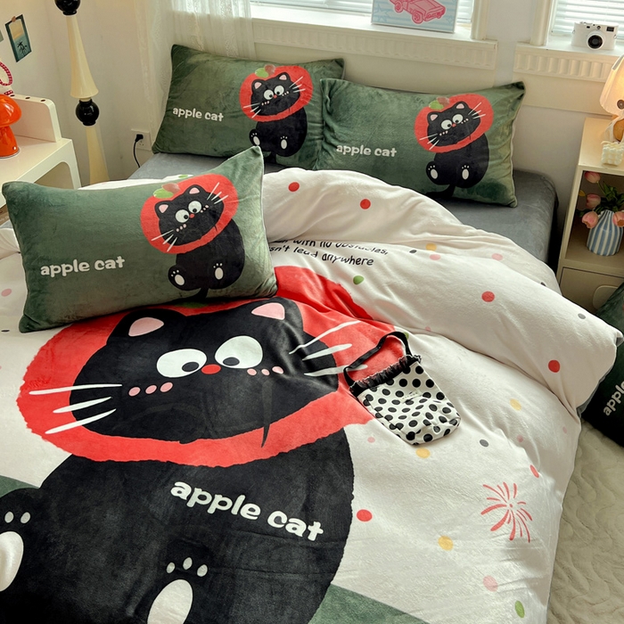 91家纺网 家纺一手货源 找家纺 喜梦缘 2025年新款大版小版卡通牛奶绒四件套 喵咪