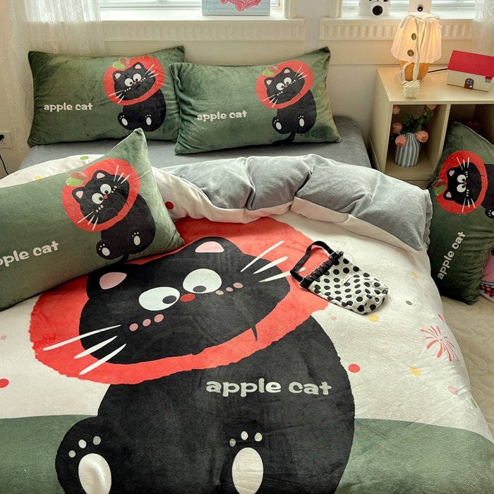 91家纺网 家纺一手货源 找家纺 喜梦缘 2025年新款大版小版卡通牛奶绒四件套 喵咪