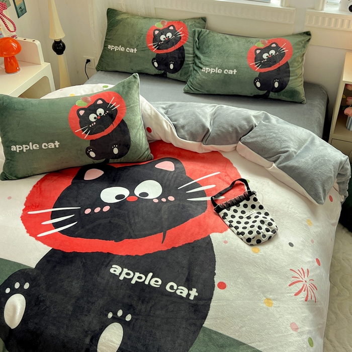 91家纺网 家纺一手货源 找家纺 喜梦缘 2025年新款大版小版卡通牛奶绒四件套 喵咪