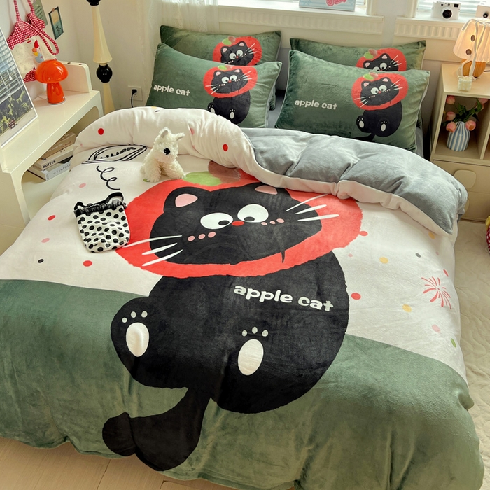 91家纺网 家纺一手货源 找家纺 喜梦缘 2025年新款大版小版卡通牛奶绒四件套 喵咪