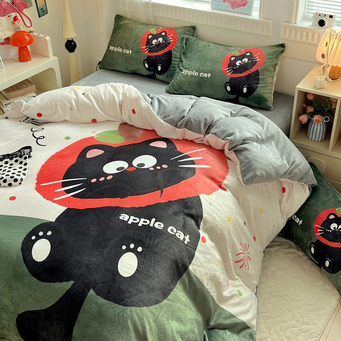 91家纺网 家纺一手货源 找家纺 喜梦缘 2025年新款大版小版卡通牛奶绒四件套 喵咪