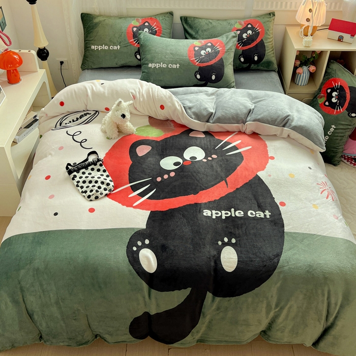 91家纺网 家纺一手货源 找家纺 喜梦缘 2025年新款大版小版卡通牛奶绒四件套 喵咪