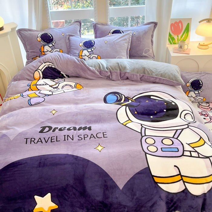 91家纺网 家纺一手货源 找家纺 喜梦缘 2025年新款大版小版卡通牛奶绒四件套 太空漫步