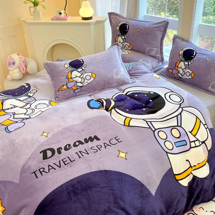 91家纺网 家纺一手货源 找家纺 喜梦缘 2025年新款大版小版卡通牛奶绒四件套 太空漫步