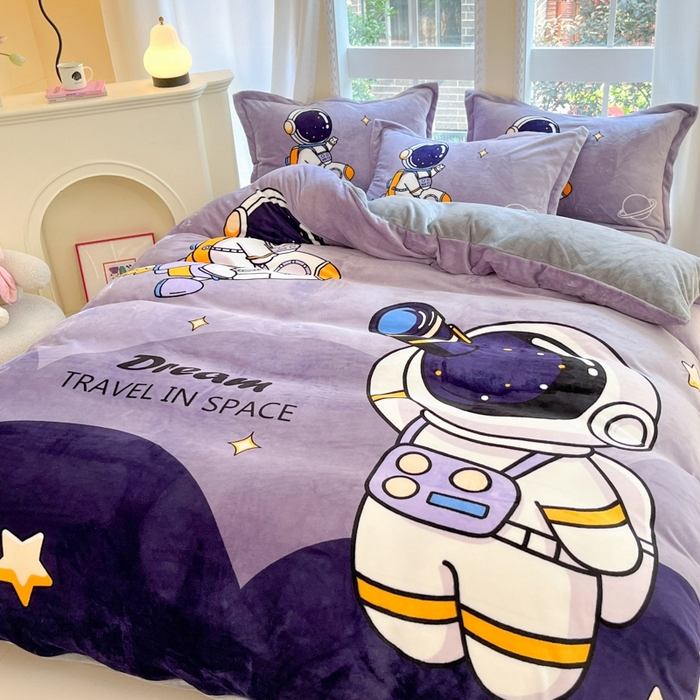 91家纺网 家纺一手货源 找家纺 喜梦缘 2025年新款大版小版卡通牛奶绒四件套 太空漫步