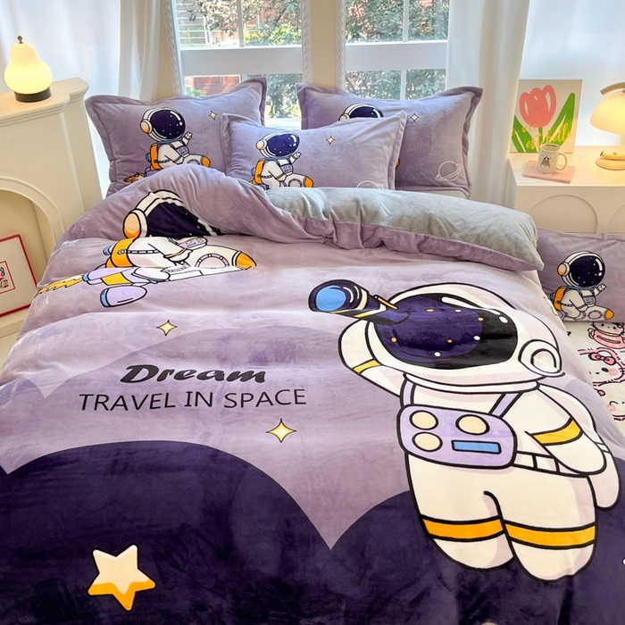 91家纺网 家纺一手货源 找家纺 喜梦缘 2025年新款大版小版卡通牛奶绒四件套 太空漫步