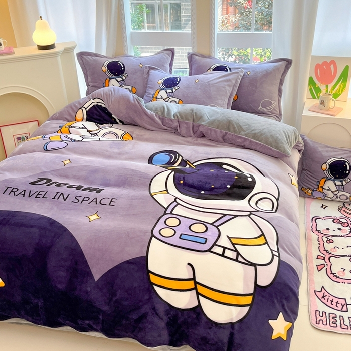 91家纺网 家纺一手货源 找家纺 喜梦缘 2025年新款大版小版卡通牛奶绒四件套 太空漫步