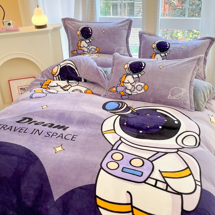 91家纺网 家纺一手货源 找家纺 喜梦缘 2025年新款大版小版卡通牛奶绒四件套 太空漫步