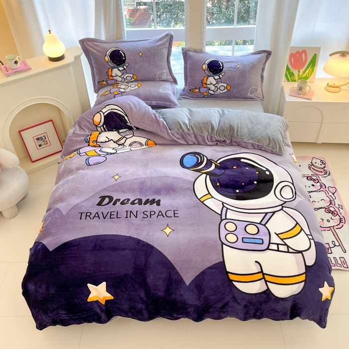 91家纺网 家纺一手货源 找家纺 喜梦缘 2025年新款大版小版卡通牛奶绒四件套 太空漫步