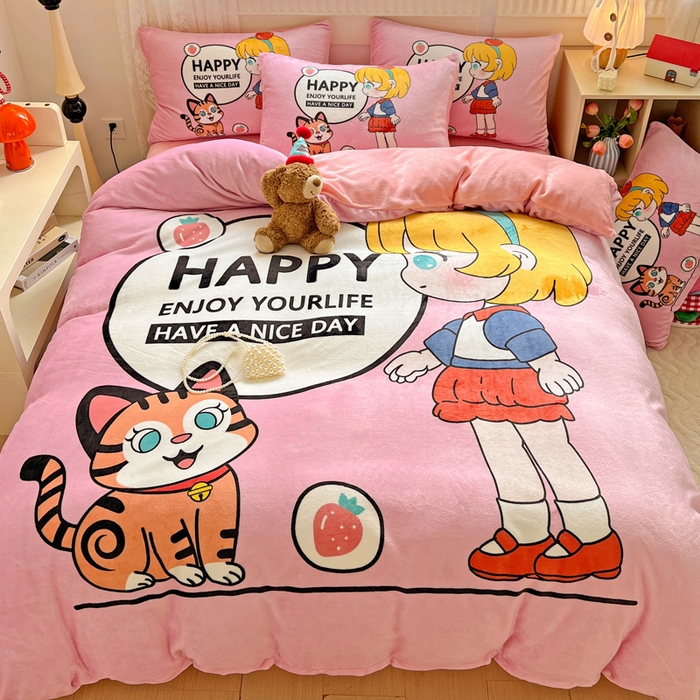 91家纺网 家纺一手货源 找家纺 喜梦缘 2025年新款大版小版卡通牛奶绒四件套 甜梦