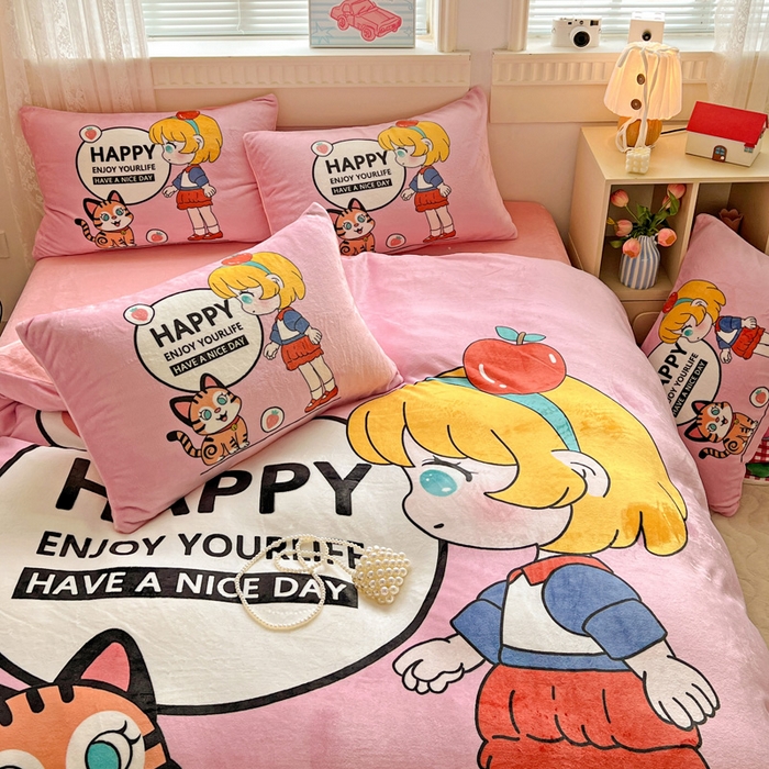 91家纺网 家纺一手货源 找家纺 喜梦缘 2025年新款大版小版卡通牛奶绒四件套 甜梦