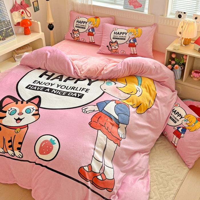 91家纺网 家纺一手货源 找家纺 喜梦缘 2025年新款大版小版卡通牛奶绒四件套 甜梦