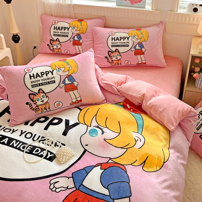 91家纺网 家纺一手货源 找家纺 喜梦缘 2025年新款大版小版卡通牛奶绒四件套 甜梦