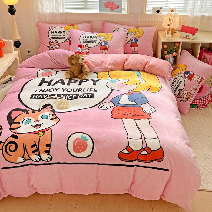 91家纺网 家纺一手货源 找家纺 喜梦缘 2025年新款大版小版卡通牛奶绒四件套 甜梦