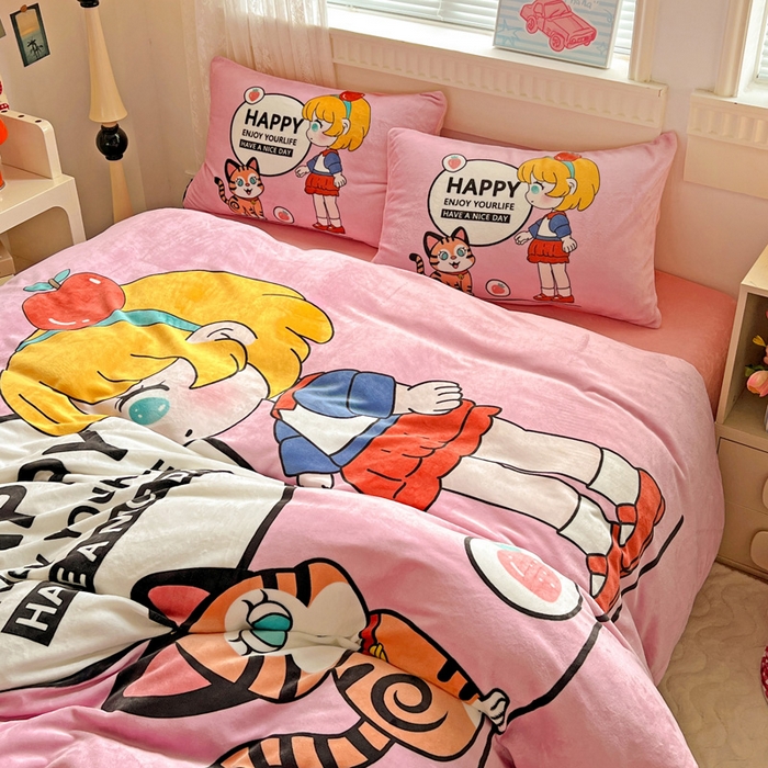 91家纺网 家纺一手货源 找家纺 喜梦缘 2025年新款大版小版卡通牛奶绒四件套 甜梦