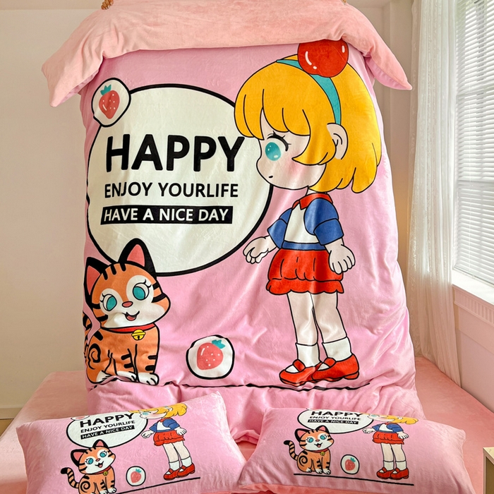 91家纺网 家纺一手货源 找家纺 喜梦缘 2025年新款大版小版卡通牛奶绒四件套 甜梦