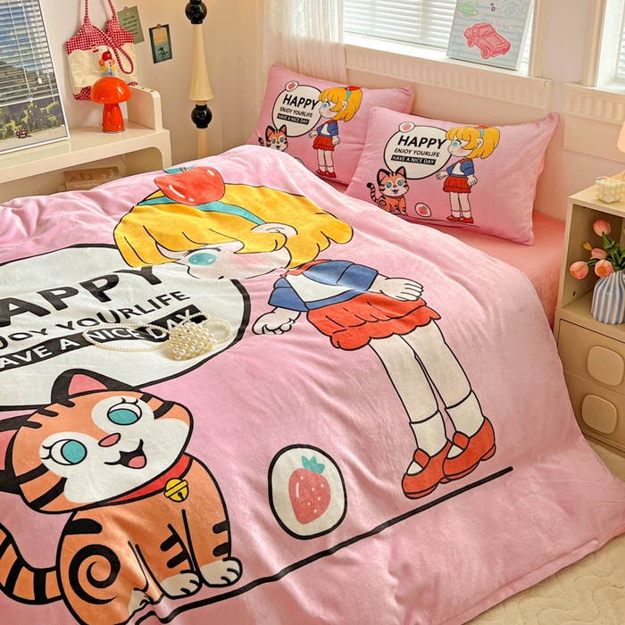 91家纺网 家纺一手货源 找家纺 喜梦缘 2025年新款大版小版卡通牛奶绒四件套 甜梦