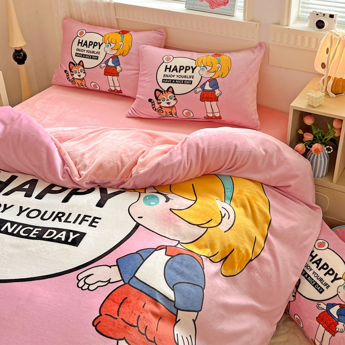 91家纺网 家纺一手货源 找家纺 喜梦缘 2025年新款大版小版卡通牛奶绒四件套 甜梦