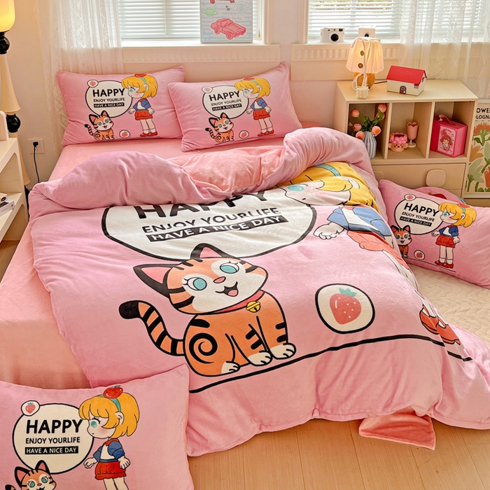 91家纺网 家纺一手货源 找家纺 喜梦缘 2025年新款大版小版卡通牛奶绒四件套 甜梦