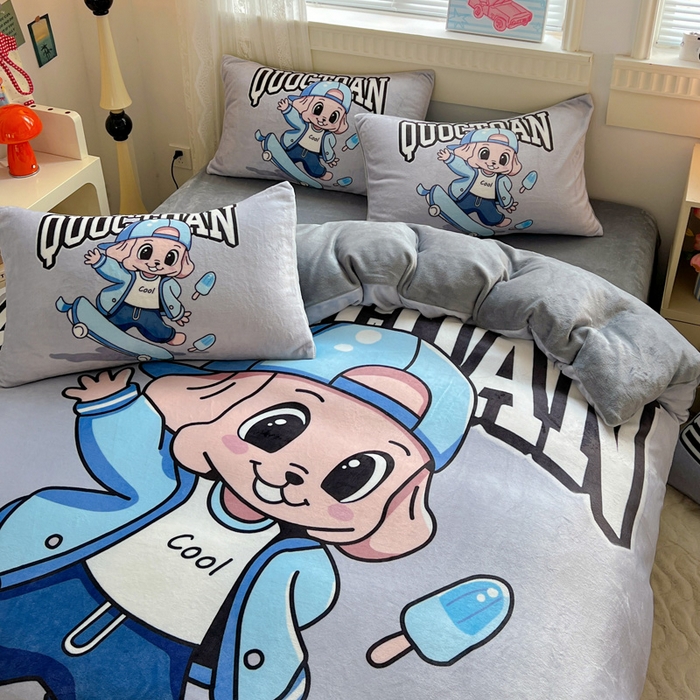 91家纺网 家纺一手货源 找家纺 喜梦缘 2025年新款大版小版卡通牛奶绒四件套 小酷仔