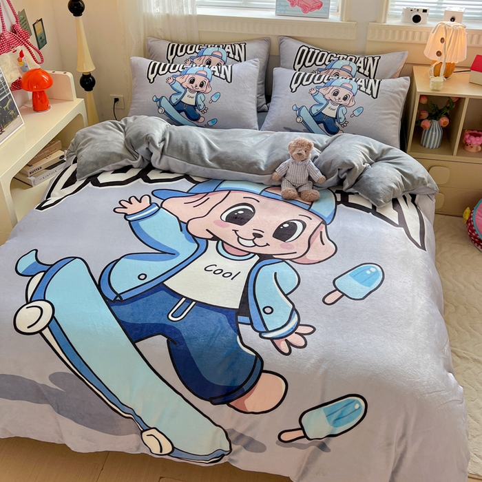 91家纺网 家纺一手货源 找家纺 喜梦缘 2025年新款大版小版卡通牛奶绒四件套 小酷仔