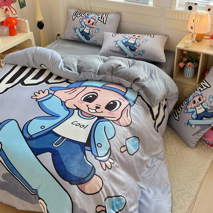 91家纺网 家纺一手货源 找家纺 喜梦缘 2025年新款大版小版卡通牛奶绒四件套 小酷仔