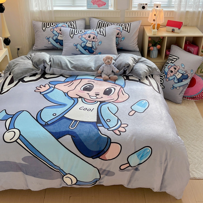 91家纺网 家纺一手货源 找家纺 喜梦缘 2025年新款大版小版卡通牛奶绒四件套 小酷仔