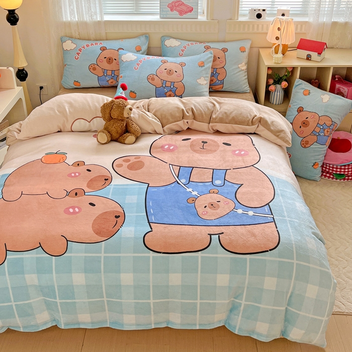 91家纺网 家纺一手货源 找家纺 喜梦缘 2025年新款大版小版卡通牛奶绒四件套 小獭宝