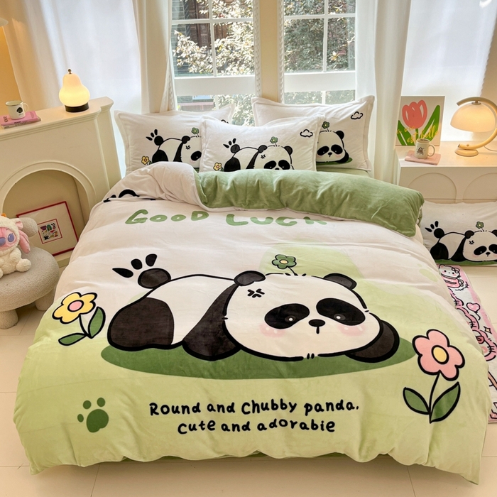 91家纺网 家纺一手货源 找家纺 喜梦缘 2025年新款大版小版卡通牛奶绒四件套 熊猫宝宝