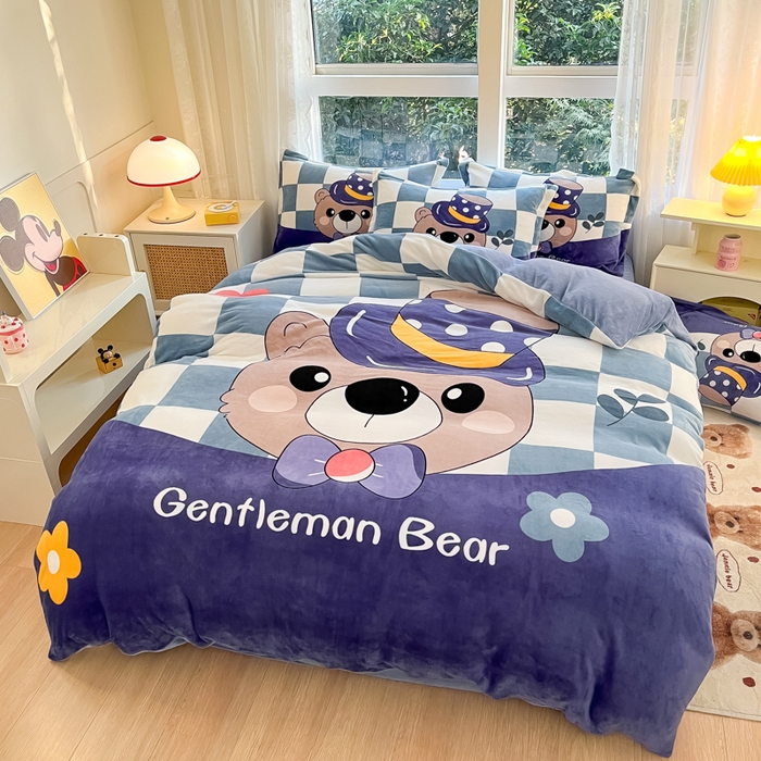 91家纺网 家纺一手货源 找家纺 喜梦缘 2025年新款大版小版卡通牛奶绒四件套 熊先生